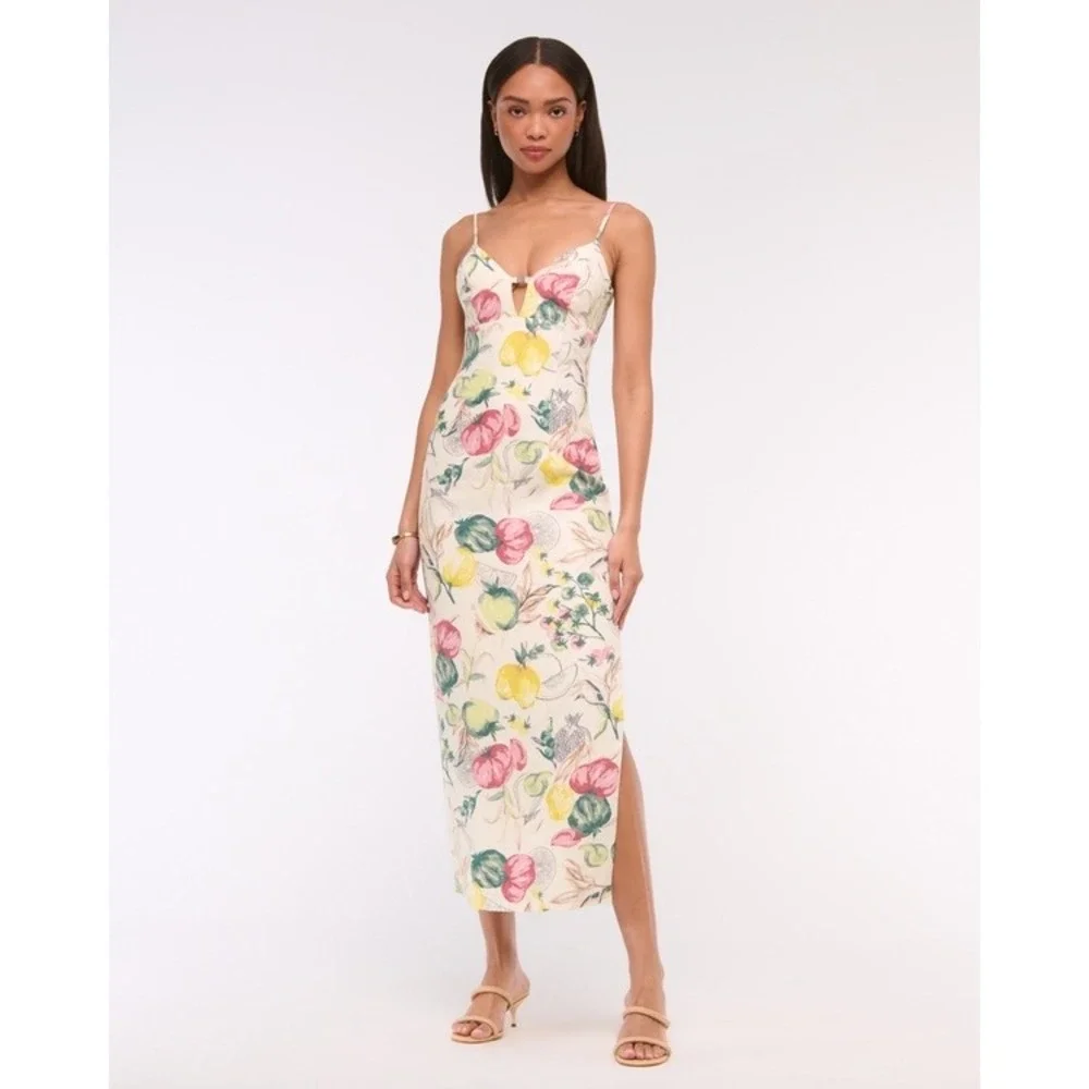 Abercrombie & Fitch Premium Linen Cutout Midi Dress Vegetable Print Cream Med P